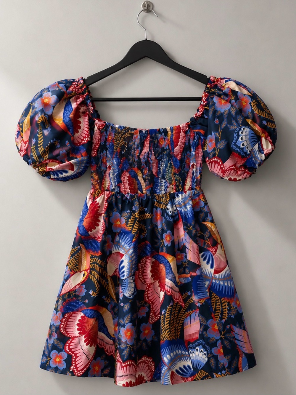 FARM RIO Tropical Bird Print Puff Sleeve Mini Dress Size L - Picture 7 of 12